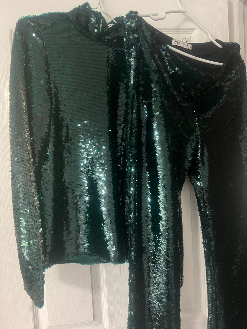 Zara Dark Green Sequin Long Sleeve Top